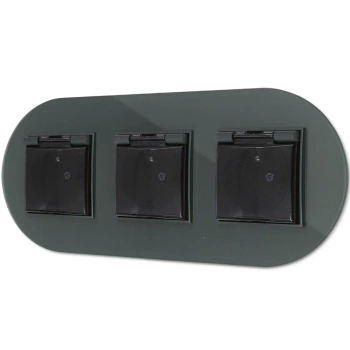 Trzy gniazda hermetyczne z ramką okrągłą efekt szkła seria ICON kolor grafitowy mat