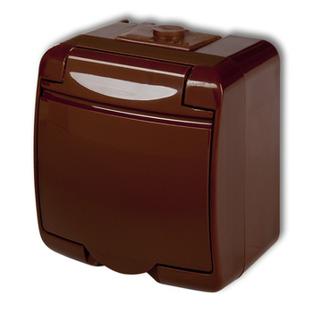 Gniazdo pojedyncze z uziemieniem 2P+Z klapka brązowa; przesłony torów prądowych Karlik seria JUNIOR 4GHE-1p kolor brązowy