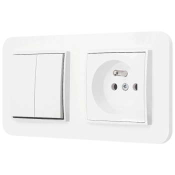 Włącznik podwójny z gniazdem pojedynczym z ramką zaokrągloną seria MINI kolor biały mat