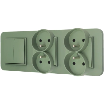 Włącznik podwójny i dwa gniazda podwójne z ramką zaokrągloną seria MINI kolor szałwiowy