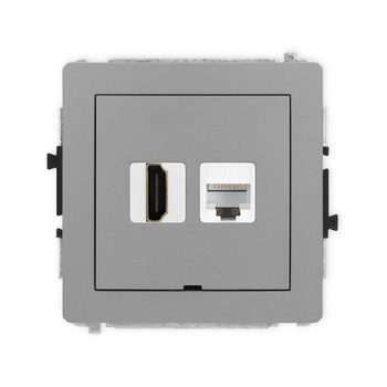 Mechanizm gniazda pojedynczego HDMI 2.1, 8K + gniazda komp. poj. 1xRJ45, kat. 6A, 8-stykowy, bez pola opisowego Karlik seria DECO 27DGHKBO-86A kolor szary mat