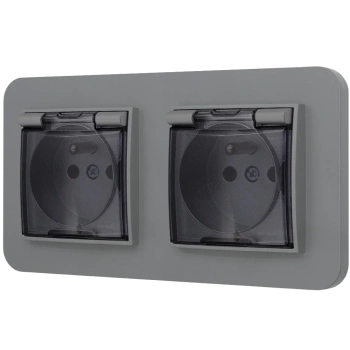 Dwa gniazda hermetyczne do łazienki z ramką zaokrągloną seria MINI kolor szary mat