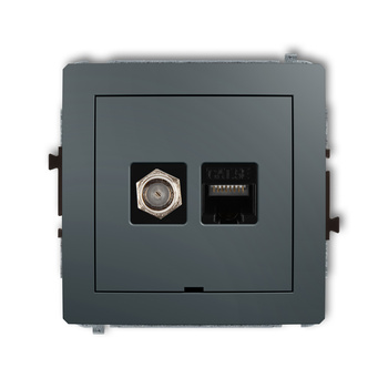 Mechanizm gniazda antenowego poj. typu F SAT + gniazda komp. poj. 1xRJ45, kat. 5e, 8-stykowy, bez pola opisowego Karlik seria DECO 28DGFKBO-1 kolor grafitowy mat