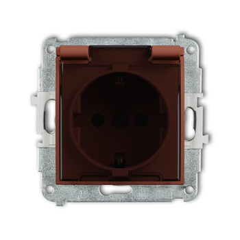 Mechanizm gniazda bryzgoszczelnego z uziemieniem SCHUKO 2P+Z klapka dymna, przesłony torów prądowych Karlik seria MINI 63MGPB-1sdp kolor terakota