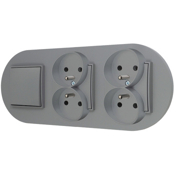 Włącznik pojedynczy i dwa gniazda podwójne z ramką okrągłą seria MINI kolor szary mat