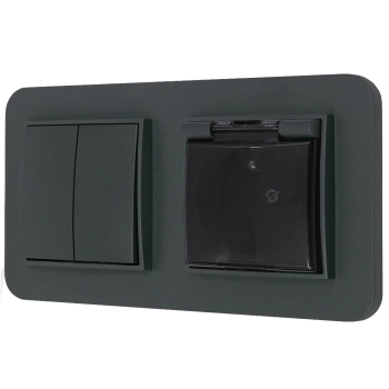 Włącznik podwójny z gniazdem hermetycznym z ramką zaokrągloną seria MINI kolor grafitowy mat