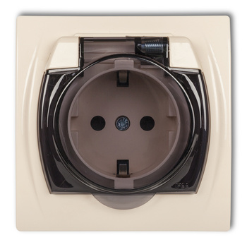 Gniazdo bryzgoszczelne z uziemieniem SCHUKO 2P+Z klapka dymna, przesłony torów prądowych Karlik seria LOGO 1LGPB-1sdp kolor beżowy