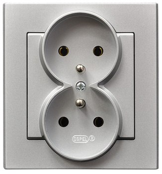 Gniazdo podwójne z uziemieniem kompletne z ramką seria SONATA kolor Srebro mat symbol GP-2RZ/38