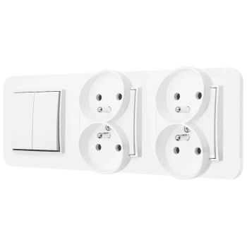 Włącznik podwójny i dwa gniazda podwójne z ramką zaokrągloną seria MINI kolor biały mat