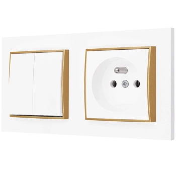 Włącznik podwójny z gniazdem pojedynczym z ramką prostą seria MINI kolor biały mat/złoty