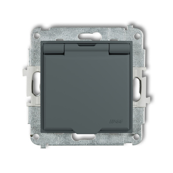 Mechanizm gniazda bryzgoszczelnego z uziemieniem 2P+Z klapka grafitowy mat, przesłony torów prądowych Karlik seria MINI 28MGPB-1zp kolor grafitowy mat