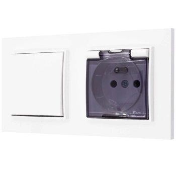 Włącznik pojedynczy z gniazdem hermetycznym z ramką prostą seria MINI kolor biały mat