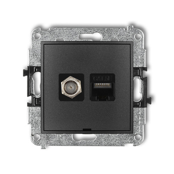 Mechanizm gniazda antenowego poj. typu F SAT + gniazda komp. poj. 1xRJ45, kat. 5e, 8-stykowy, bez pola opisowego Karlik seria MINI 11MGFKBO-1 kolor grafitowy