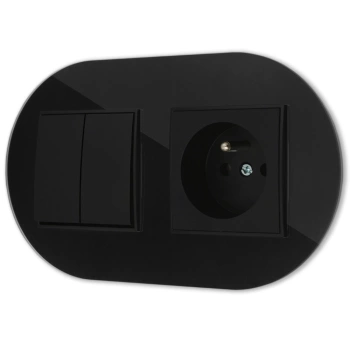 Włącznik podwójny z gniazdem pojedynczym z ramką okrągłą efekt szkła seria ICON kolor czarny