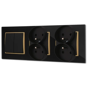 Włącznik podwójny i dwa gniazda podwójne z ramką kwadratową efekt szkła seria ICON kolor czarny/złoty
