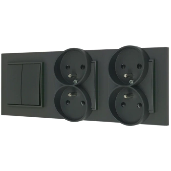 Włącznik podwójny i dwa gniazda podwójne z ramką prostą seria MINI kolor grafitowy mat