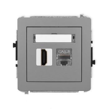 Mechanizm gniazda pojedynczego HDMI 2.1, 8K + gniazda komp. poj. 1xRJ45, kat. 8, ekranowany, 8-stykowy Karlik seria DECO 27DGHK-88 kolor szary mat