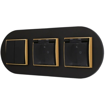 Włącznik podwójny i dwa gniazda hermetyczne z ramką okrągłą seria MINI kolor czarny złoty