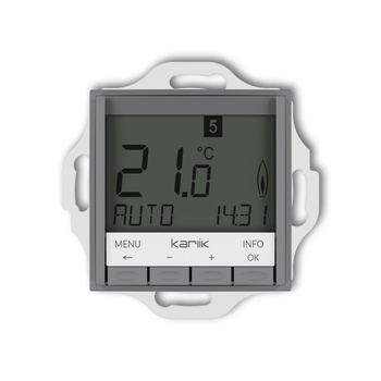 Mechanizm uniwersalnego elektronicznego tygodniowego regulatora temperatury podświetlenie niebieskie Karlik seria MINI 27MRT-3.2 kolor szary mat