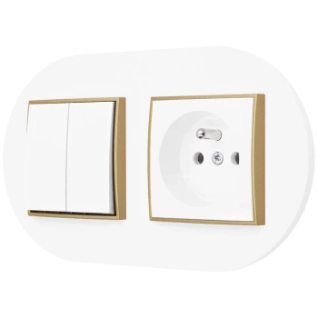 Włącznik podwójny z gniazdem pojedynczym z ramką okrągłą seria MINI kolor biały złoty