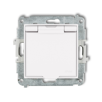 Mechanizm gniazda bryzgoszczelnego z uziemieniem 2P+Z klapka biały mat, przesłony torów prądowych Karlik seria MINI 25MGPB-1zp kolor biały mat