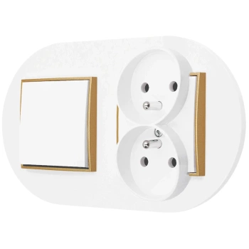 Włącznik pojedynczy z gniazdem podwójnym z ramką okrągłą seria MINI kolor biały mat/złoty