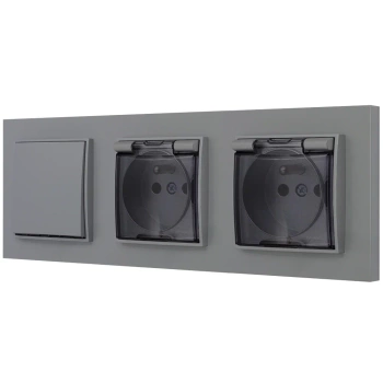 Włącznik pojedynczy i dwa gniazda hermetyczne z ramką prostą seria MINI kolor szary mat