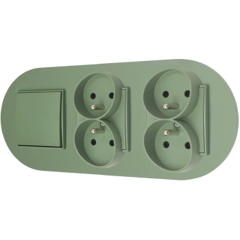 Włącznik pojedynczy i dwa gniazda podwójne z ramką okrągłą seria MINI kolor szałwiowy