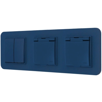 Włącznik podwójny i dwa gniazda hermetyczne z ramką zaokrągloną seria MINI kolor navy blue