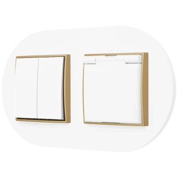 Włącznik podwójny z gniazdem hermetycznym z ramką okrągłą seria MINI kolor biały złoty