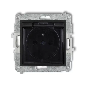 Mechanizm gniazda bryzgoszczelnego z uziemieniem 2P+Z klapka dymna, przesłony torów prądowych Karlik seria ICON 12IGPB-1zdp kolor czarny mat