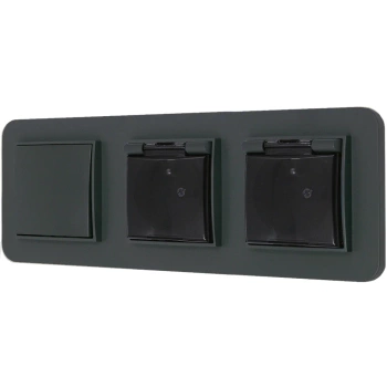 Włącznik pojedynczy i dwa gniazda hermetyczne z ramką zaokrągloną seria MINI kolor grafitowy mat