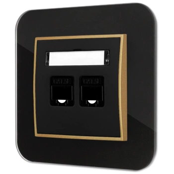 Gniazdo internetowe rj45 2x z ramką zaokrągloną efekt szkła seria ICON kolor czarny/złoty