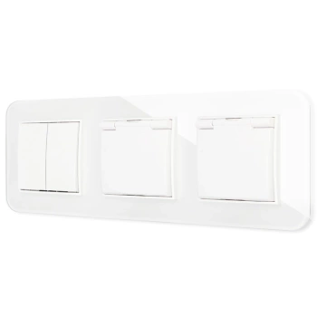 Włącznik podwójny i dwa gniazda hermetyczne z ramką zaokrągloną efekt szkła seria ICON kolor biały