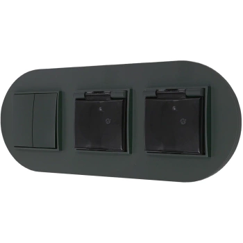 Włącznik podwójny i dwa gniazda hermetyczne z ramką okrągłą seria MINI kolor grafitowy mat