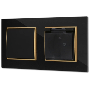 Włącznik pojedynczy z gniazdem hermetycznym z ramką kwadratową efekt szkła seria ICON kolor czarny/złoty