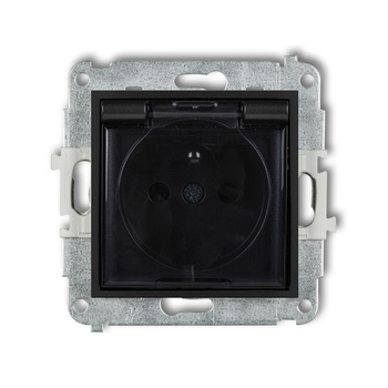 Mechanizm gniazda bryzgoszczelnego z uziemieniem 2P+Z klapka dymna, przesłony torów prądowych Karlik seria ICON 12IGPB-1zdp kolor czarny mat