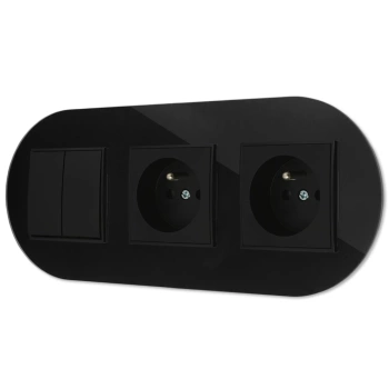 Włącznik podwójny i dwa gniazda pojedyncze z ramką okrągłą efekt szkła seria ICON kolor czarny