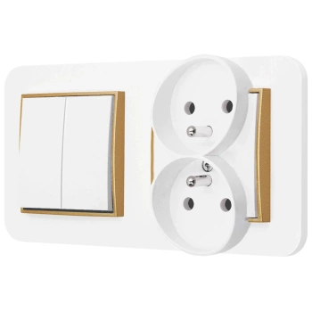 Włącznik podwójny z gniazdem podwójnym z ramką zaokrągloną seria MINI kolor biały mat/złoty