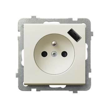 Gniazdo pojedyncze z uziemieniem z przesłonami torów prądowych, z ładowarką USB seria SONATA kolor Ecru symbol GP-1RZPUSB/m/27