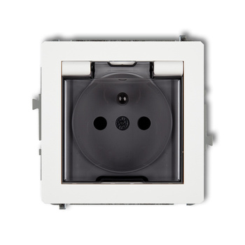 Mechanizm gniazda bryzgoszczelnego z uziemieniem 2P+Z klapka dymna, przesłony torów prądowych Karlik seria DECO DGPB-1zdp kolor biały