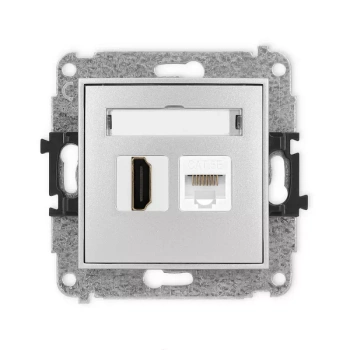 Mechanizm gniazda pojedynczego HDMI 2.0, 4K + gniazda komp. poj. 1xRJ45, kat. 5e, 8-stykowy Karlik seria MINI 7MGHK-45e kolor srebrny metalik