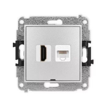 Mechanizm gniazda pojedynczego HDMI 2.0, 4K + gniazda komp. poj. 1xRJ45, kat. 5e, 8-stykowy, bez pola opisowego Karlik seria MINI 7MGHKBO-45e kolor srebrny metalik