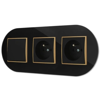 Włącznik pojedynczy i dwa gniazda pojedyncze z ramką okrągłą efekt szkła seria ICON kolor czarny/złoty
