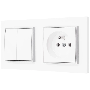 Włącznik podwójny z gniazdkiem kolor biały/srebrny 2
