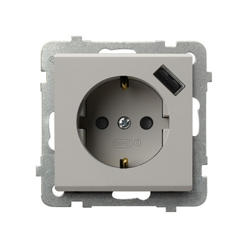 Gniazdo pojedyncze z uziemieniem schuko z przesłonami torów prądowych, z ładowarką USB seria SONATA kolor Kaszmir symbol GP-1RSPUSB/m/82