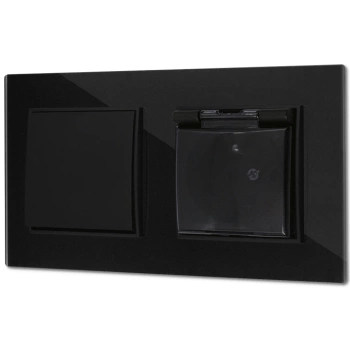 Włącznik pojedynczy z gniazdem hermetycznym z ramką kwadratową efekt szkła seria ICON kolor czarny