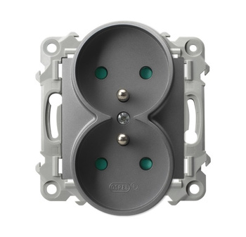Gniazdo podwójne z uziemieniem z przesłonami torów prądowych, moduł bez ramki seria SZAFIR kolor Szary mat symbol GP-2ZRZP/m/70