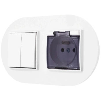 Włącznik podwójny z gniazdem hermetycznym z ramką okrągłą seria MINI kolor biały mat