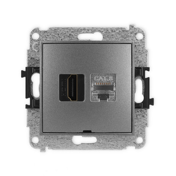 Mechanizm gniazda pojedynczego HDMI 2.1, 8K + gniazda komp. poj. 1xRJ45, kat. 8, ekranowany, 8-stykowy, bez pola opisowego Karlik seria ICON 11IGHKBO-88 kolor grafitowy